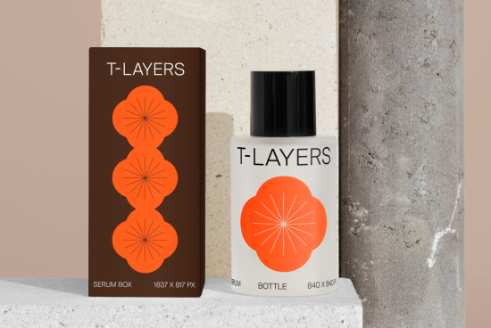 Cosmetic bottle and box packaging mockup on concrete and stone background, with orange graphics and dimensions, perfect for designers' presentations.