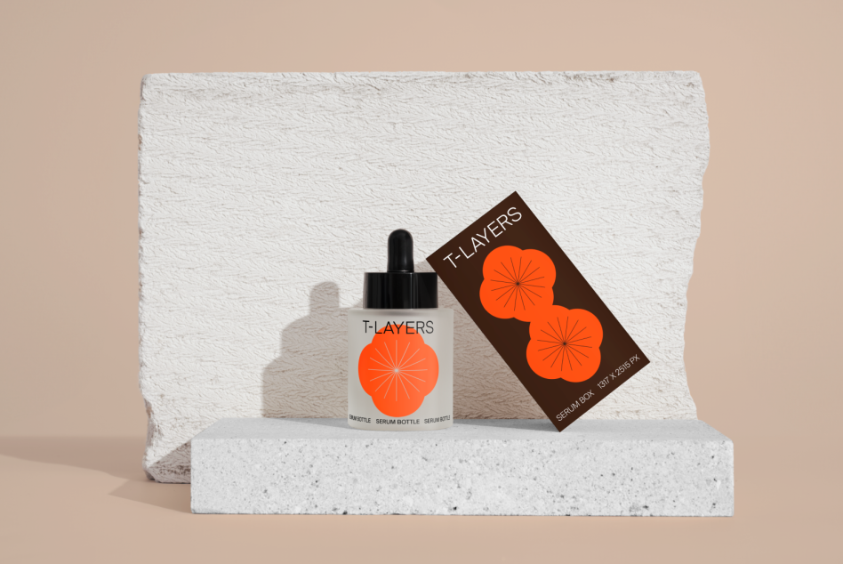 Cosmetic serum bottle and packaging mockup on marble stand with textured background, ideal for beauty product design presentations.