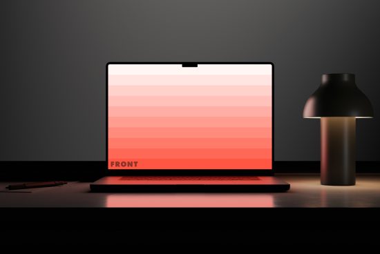 Laptop mockup on desk with lamp and pen, front view, with editable screen for design presentations, perfect for digital assets marketplace.