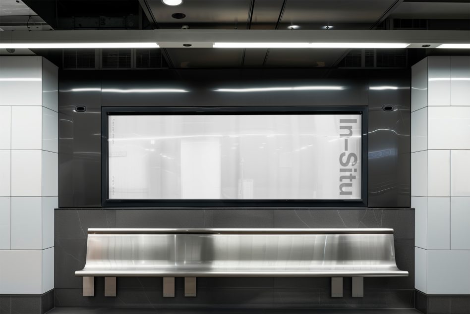 Modern subway station bench mockup with blank advertising billboard for poster design presentation, urban transport ad space.