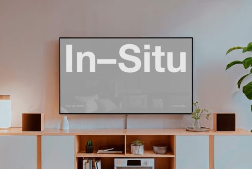 Modern living room with stylish TV mockup on wooden console, plants, and decor, perfect for interior design presentations.