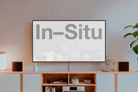 Modern minimalist living room with mockup TV screen on wooden media console, houseplants, stylish decor, designer interior.