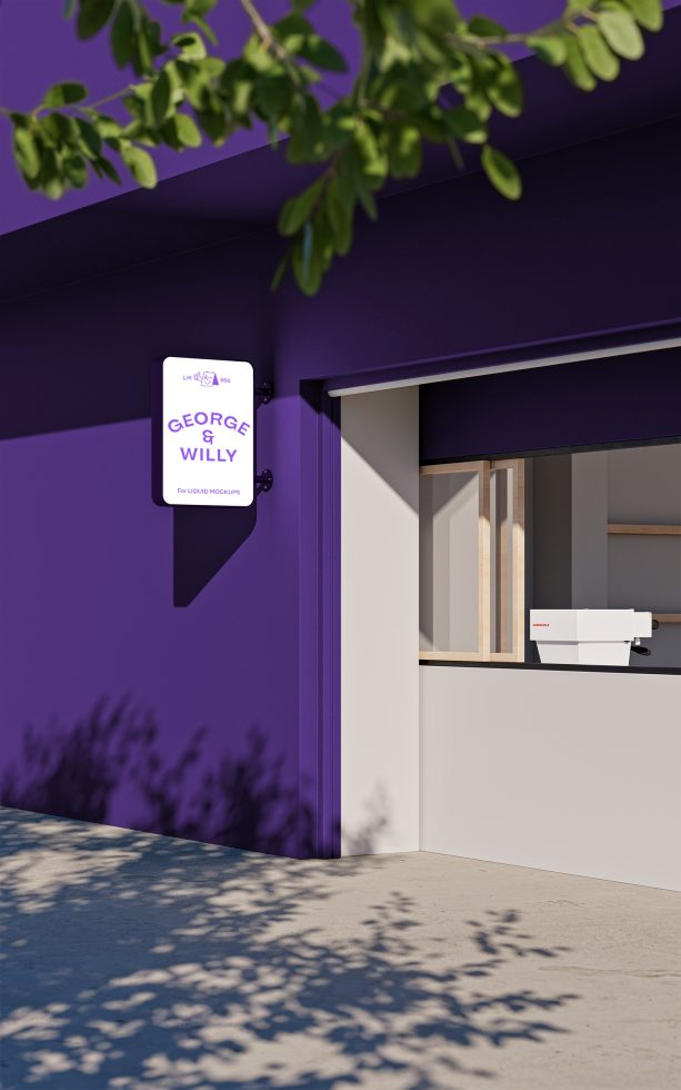 Realistic signboard mockup on purple wall with elegant shadows, perfect for branding presentations, graphic design showcase.