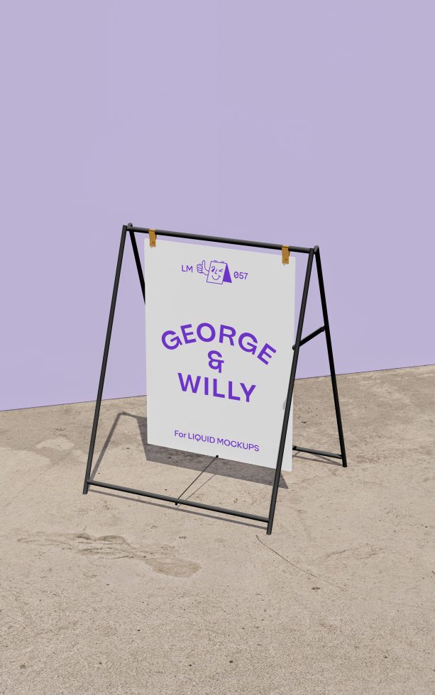 Professional sidewalk sign mockup in daylight with purple backdrop, perfect for displaying logo designs, branding, and marketing for designers.