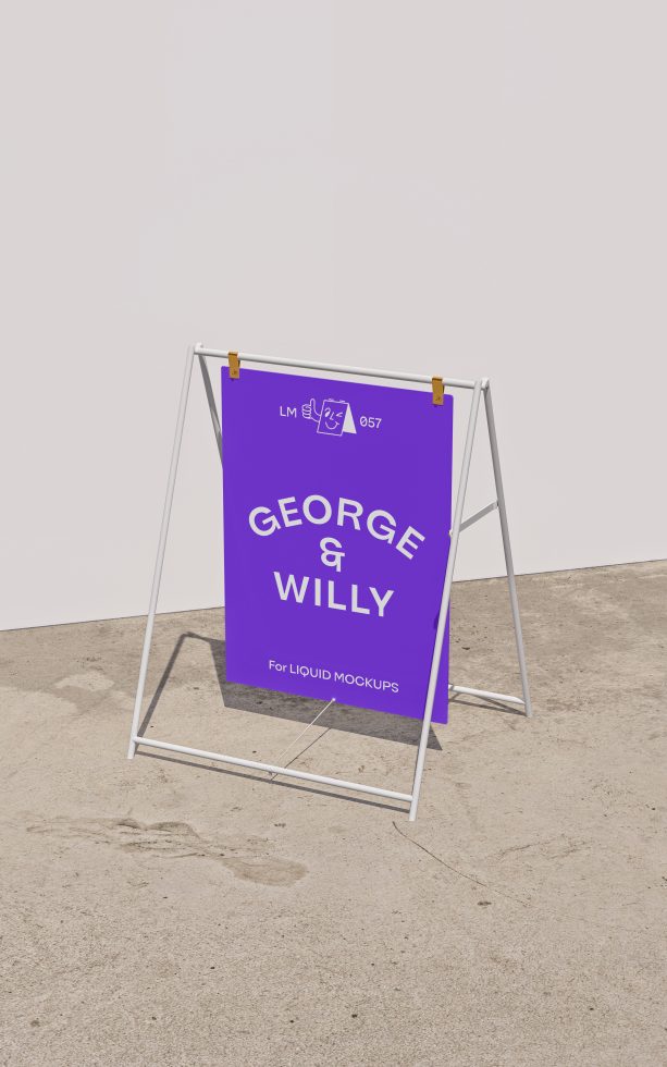 Purple advertising A-board mockup on a concrete surface with stylish white frame, ideal for presenting signage designs.