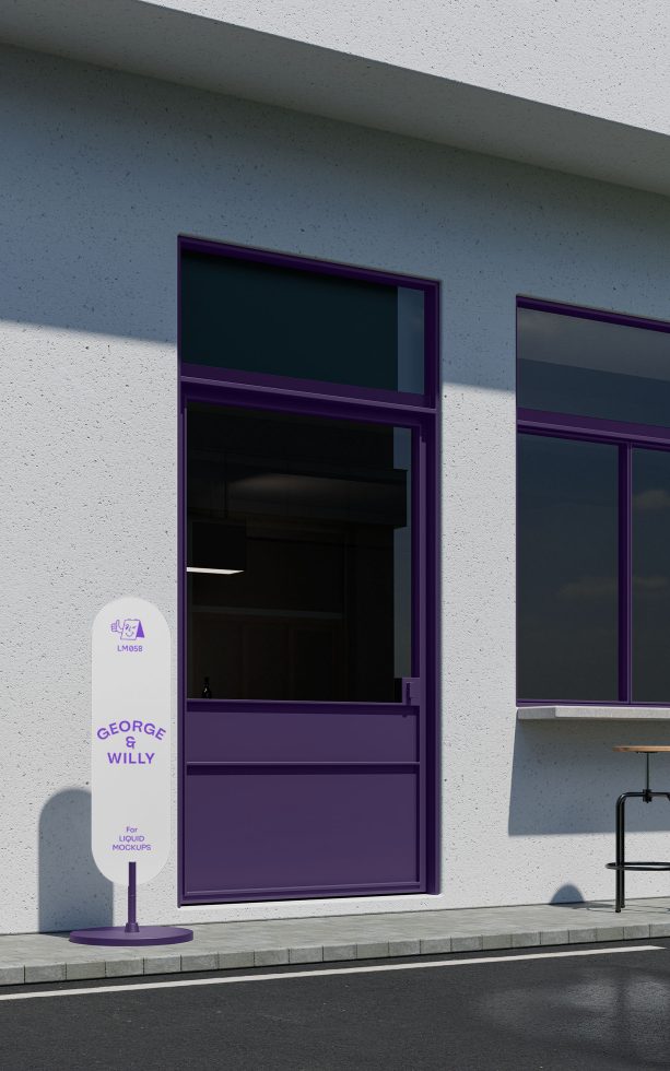 Modern storefront mockup with purple signage stand for branding display, set against a textured wall with a window on a sunny day.