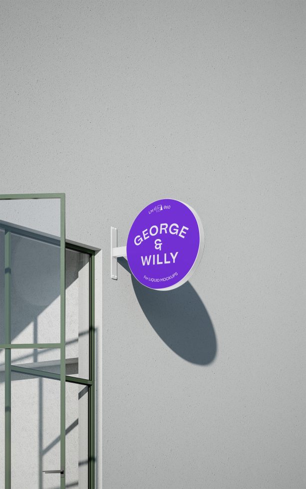 Round outdoor sign mockup on a grey wall with shadows, showcasing logo design for branding presentations.