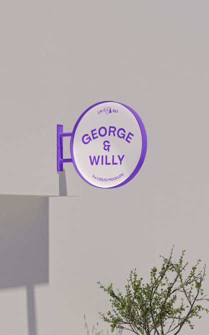 Purple hanging sign with George & Willy text, mounted on concrete wall with plant below