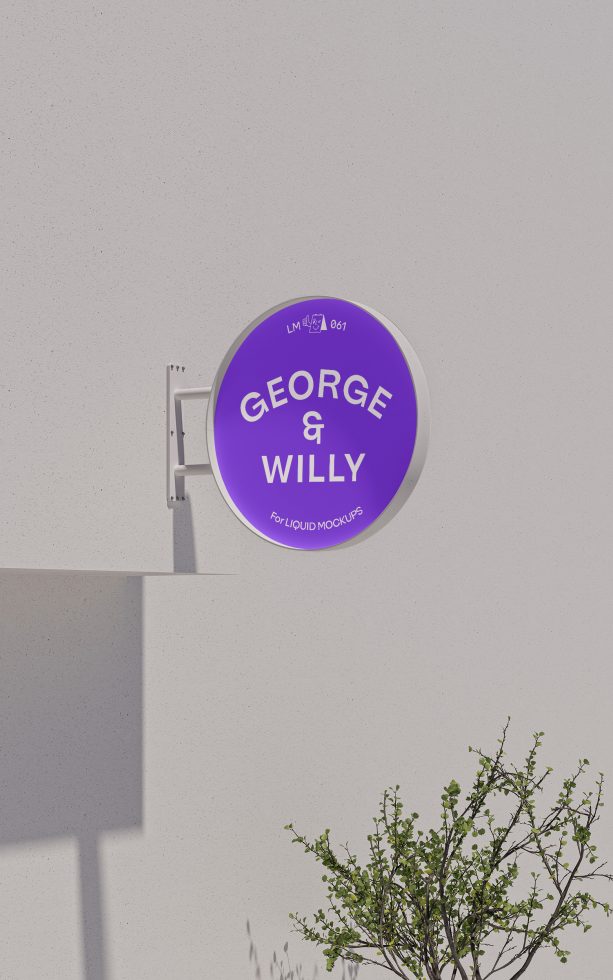 Circular shop sign mockup on a wall with shadow, clear blue sky, ideal for branding presentation, design assets for graphic designers.