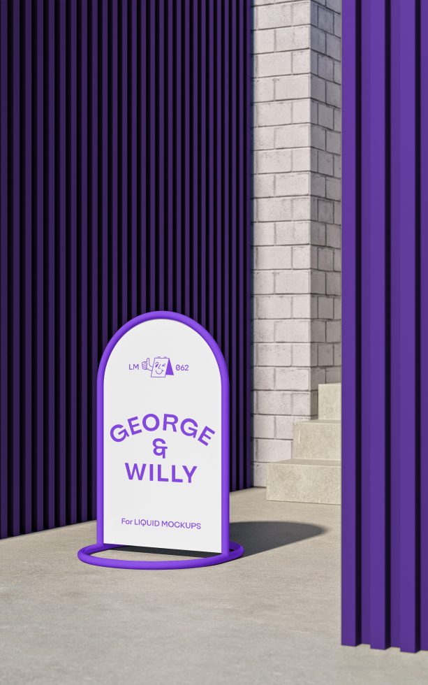 Street signage mockup with a purple sidewalk board displaying brand name George & Willy, urban environment shadows, suitable for design presentations.