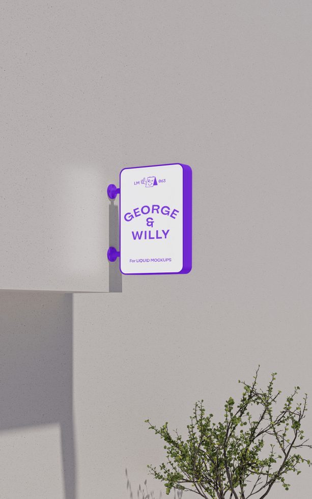 Vibrant purple signboard mockup on a textured wall with soft shadows, clear typography, and green foliage, ideal for branding presentations.