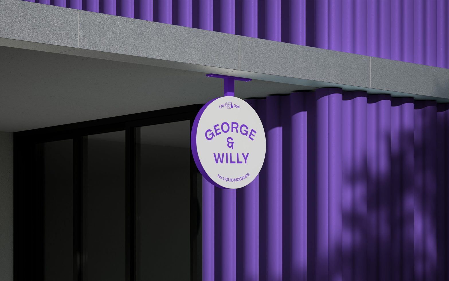 Purple outdoor sign mockup with modern architecture background, ideal for branding and logo design presentations for designers.