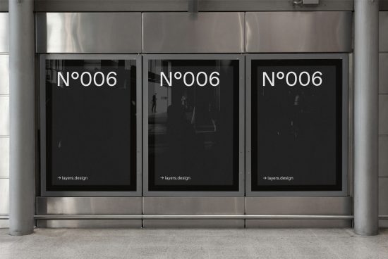 Triple billboard mockup in a modern metro station setting, displaying black posters with minimalist text for advertising design presentation.