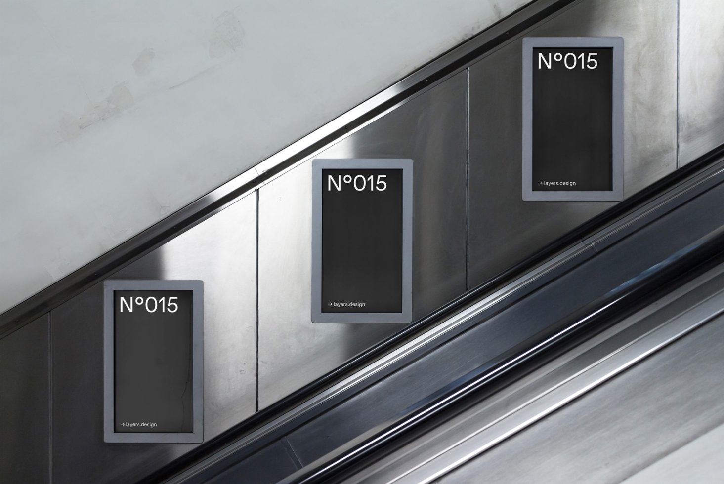 Mockup of vertical posters on metro escalator, clean design, urban advertising space, steel panels, editable template for designers.