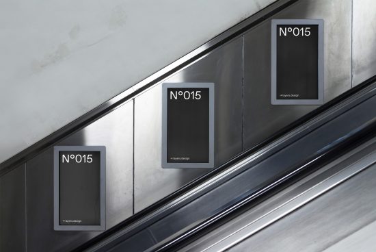 Mockup of vertical posters on metro escalator, clean design, urban advertising space, steel panels, editable template for designers.