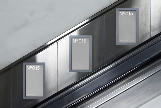 Modern poster mockup frames on metal escalator side panels, urban setting for display design presentation, sleek metal and concrete textures.