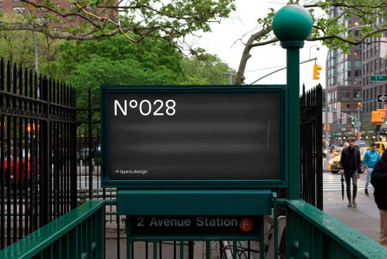 Urban subway station sign mockup, editable layers, city environment, design template, realistic street view, outdoor advertising display.