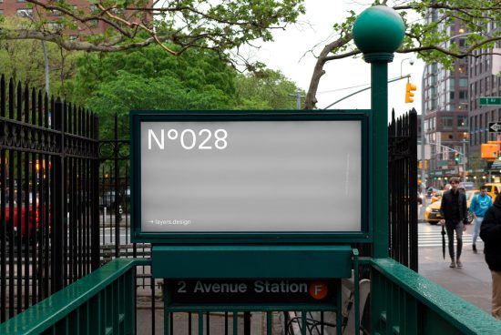Outdoor subway station advertisement mockup with a clear placeholder for design presentation, set in an urban environment with people passing by.