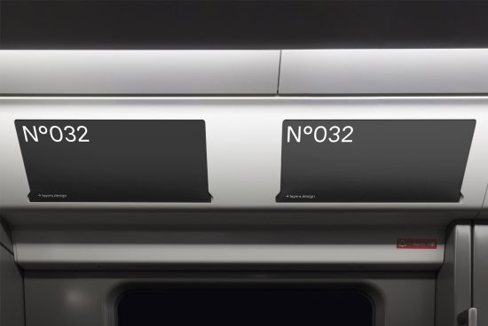 Elegant train interior advertisement mockups, dual screen panels with sleek design for marketing and presentation visuals.