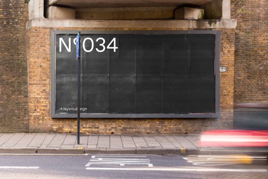 Empty urban billboard mockup on brick wall for advertising design, clear placeholder template with street view and blurred car.