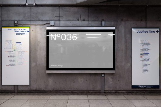 Underground billboard mockup at a station platform showing blank advertising space, ideal for design presentations and graphic displays.