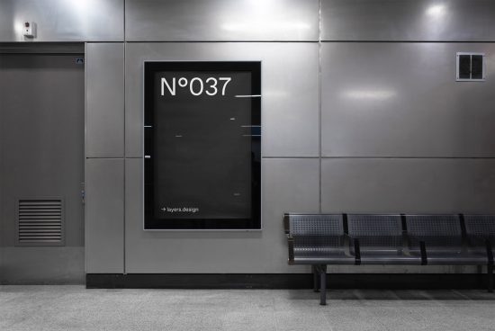 Urban poster mockup in a metallic frame on a subway station wall beside a row of seats, showcasing sleek design potential for advertisements.