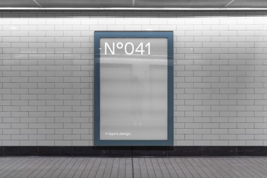 Subway poster mockup in a metallic frame against a tiled wall background, ideal for display advertising designs, billboard mockups, and graphic design presentations.