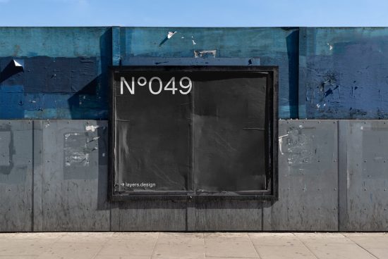 Urban billboard mockup on a blue weathered wall for poster design presentation, with layers.design branding, clear for customization.