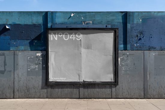 Urban billboard mockup on a weathered blue wall, clear sky background, ideal for designers to showcase posters or ads.
