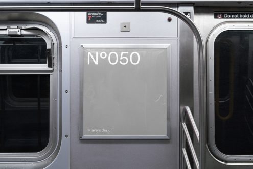 Subway train interior wall with placeholder ad space, mockup design for advertising presentation, urban transit ad template.