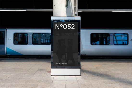 Digital billboard mockup at train station platform with reflection of people, for advertising designs, realistic urban setting.