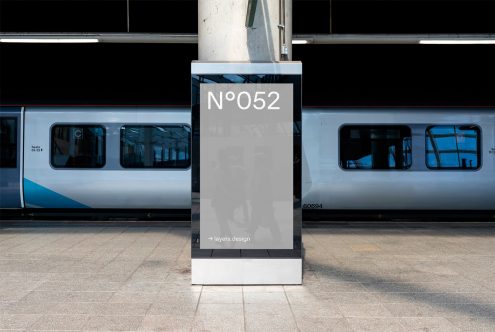 Urban train station billboard mockup for advertising design, realistic outdoor advertising display with modern train background.