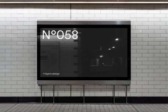 Urban subway ad mockup in a minimalistic style with a sleek design, posted on a tiled station wall for poster presentation.