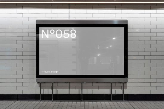 Subway billboard mockup in station, white tiled wall, clear placeholder for advertising, designers graphic display, urban setting.