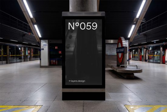 Modern billboard mockup in subway station, digital advertising display, night setting, professional urban design asset for presentation.