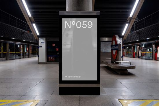 Urban subway station billboard mockup for advertising, Canary Wharf station backdrop, high visibility, clean design, ideal for graphic display and templates.
