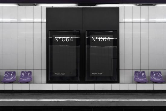Subway station poster mockup, dual black frames on tiled wall, designer advertising space, urban presentation template, empty placeholder.