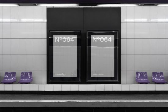 Subway station poster mockup with two advertisement displays on tile wall, editable design for presenting marketing graphics.