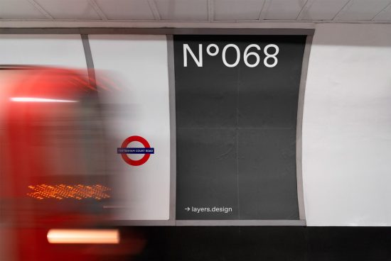 Blurry subway train in motion by station platform with clear signage, ideal for mockup, urban design templates.