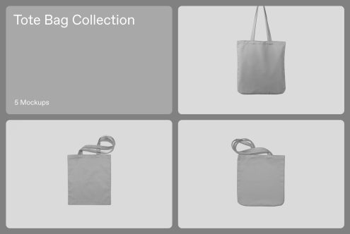 Tote Bag Collection preview with 5 different mockups for design showcasing, featuring various angles and handles, ideal for product display.