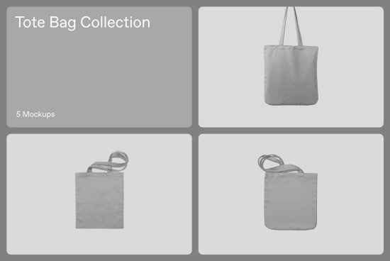 Tote Bag Collection preview with 5 different mockups for design showcasing, featuring various angles and handles, ideal for product display.