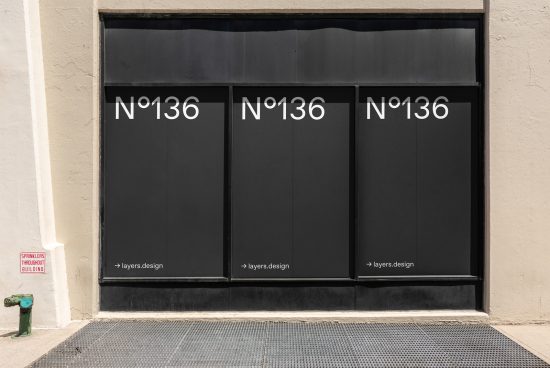 Modern storefront mockup with sleek black facade and stylized numbering, ideal for presenting branding projects and urban designs for designers.