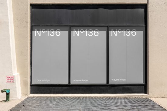Storefront window mockup with clean design and number 136 perfect for display graphics and branding presentations for designers.