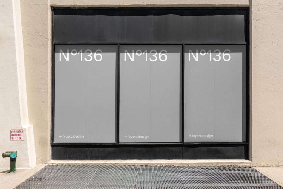 Storefront window mockup with clean design and number 136 perfect for display graphics and branding presentations for designers.