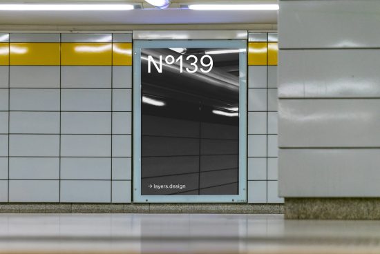 Subway advertisement mockup display in station with editable design space for posters, graphic designers' templates, urban setting.