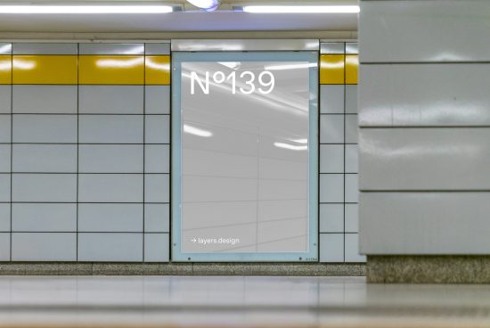 Subway station advertisement mockup in a clean tiled wall setting for poster or ad design presentation.
