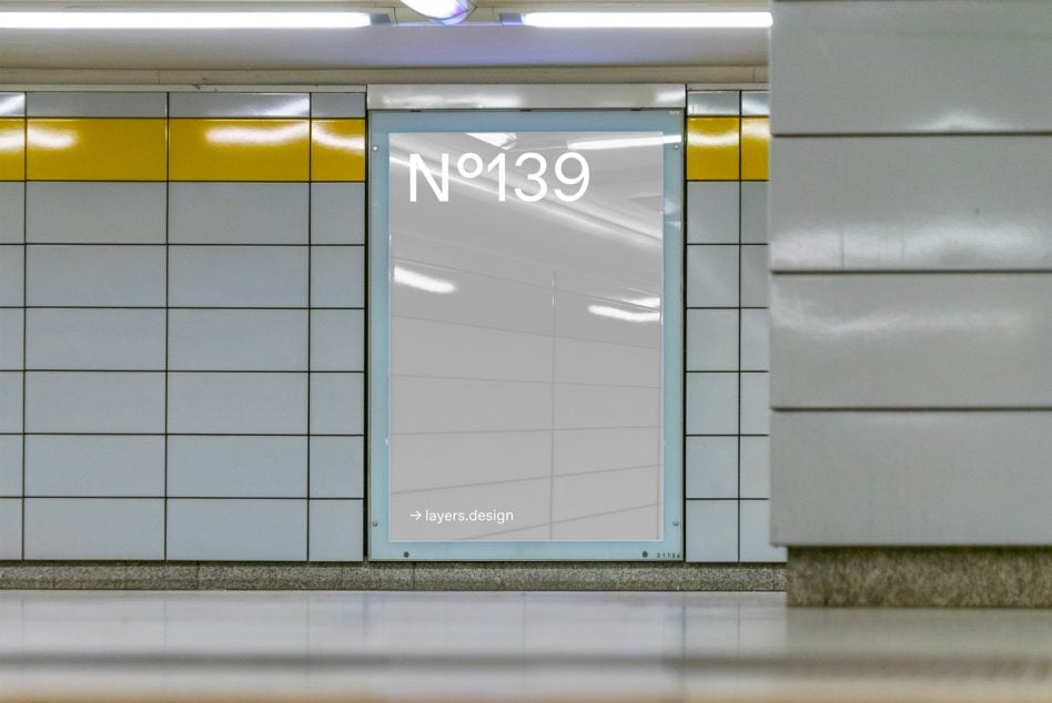 Modern storefront window mockup with N°139 against minimalist tile backdrop