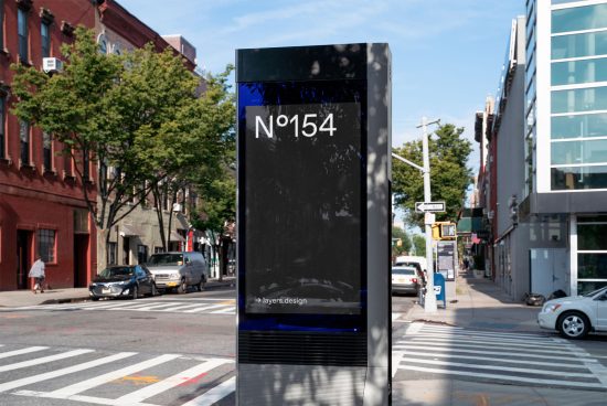 Urban street scene with digital kiosk mockup template for outdoor advertising display by designers.