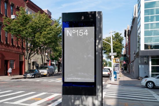 Urban digital kiosk mockup on a sunny street featuring editable display for advertising design presentations.