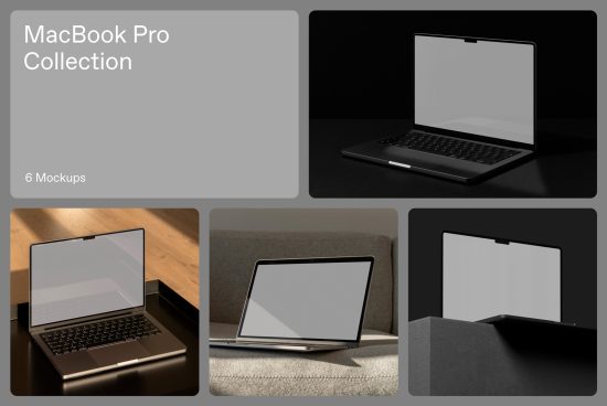 Laptop mockup collection showing six versatile angles for design presentations available for download, catering to professionals in creative fields.